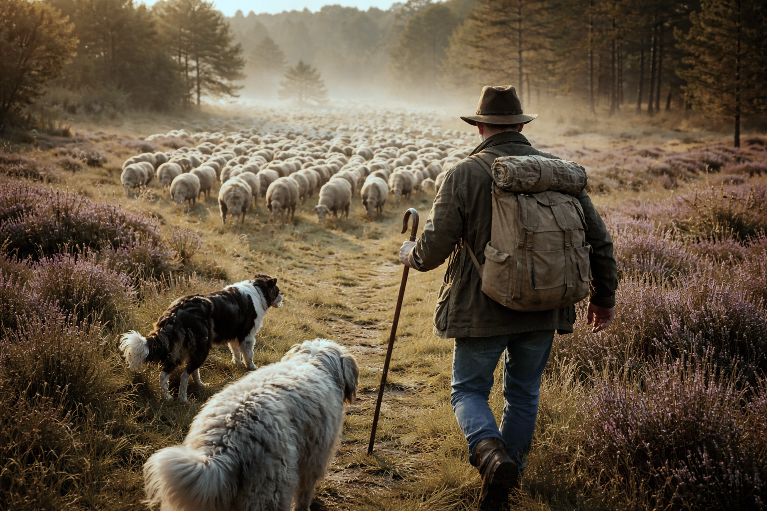 Wanderschäfer mit Hirtenstab führt seine Schafherde über eine Heidelandschaft in Deutschland, begleitet von zwei Hütehunden