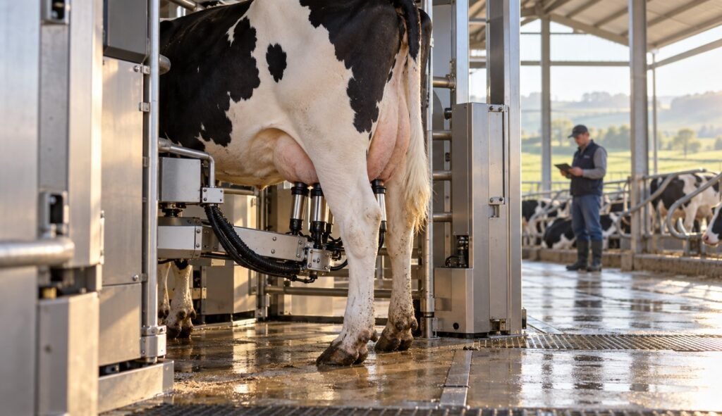 Melkroboter im Laufstall: Holstein-Kuh wird im automatischen Melksystem gemolken